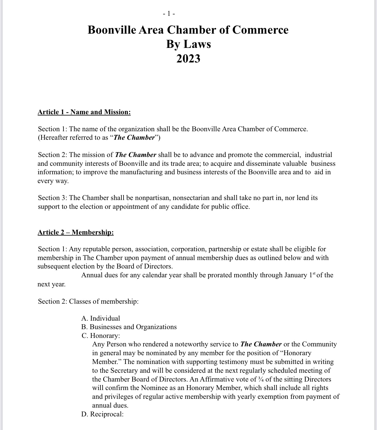 Boonville Chamber Bylaws Chamber Copy Section 1 One