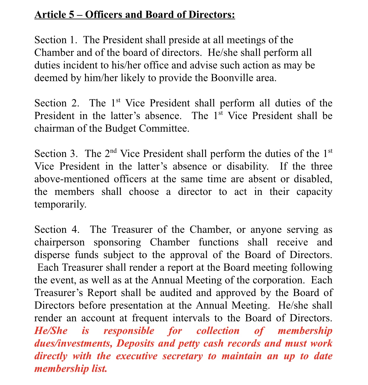 Boonville Chamber Chris Bylaws Section 2 Three