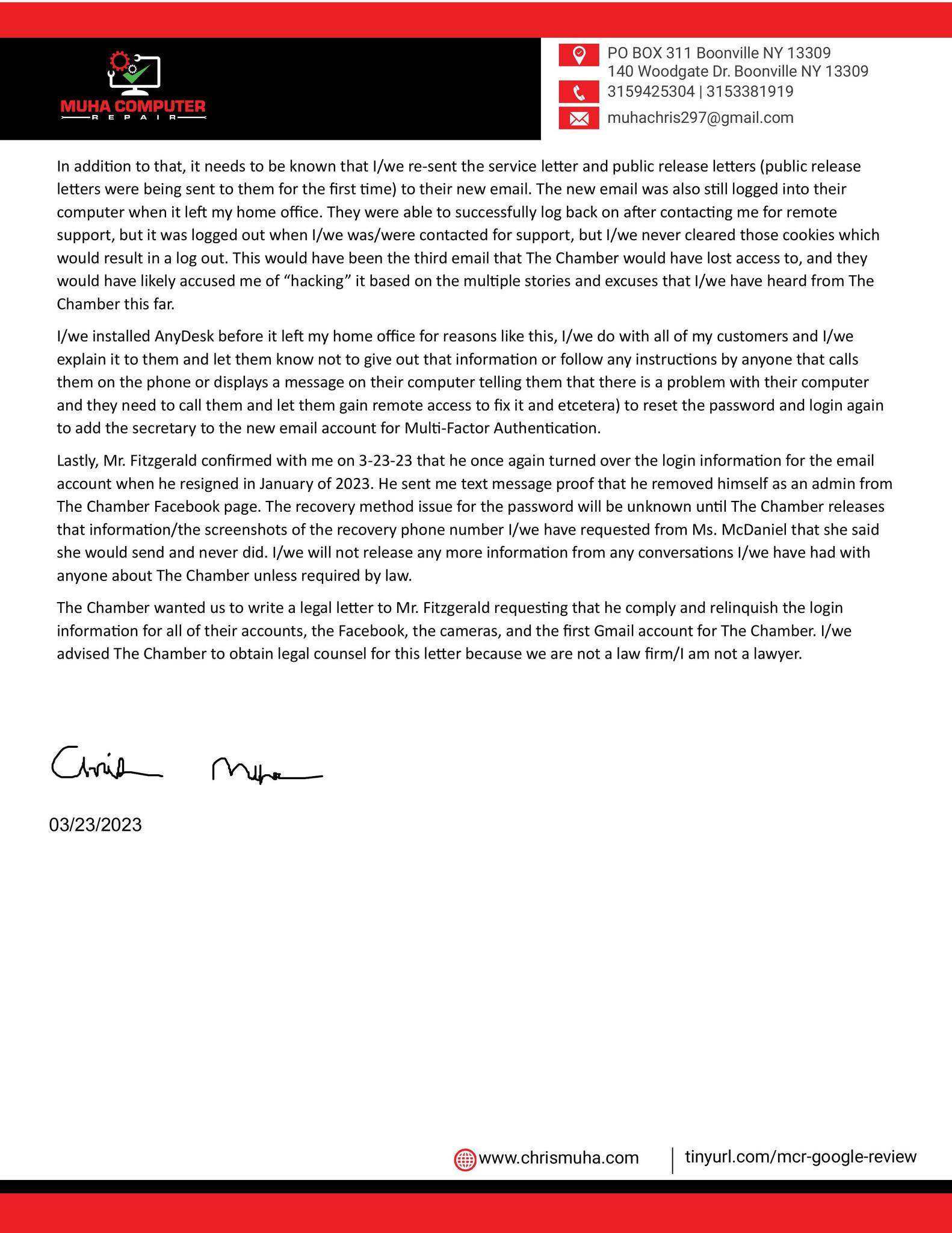 Chris Muha Chamber Letter Four