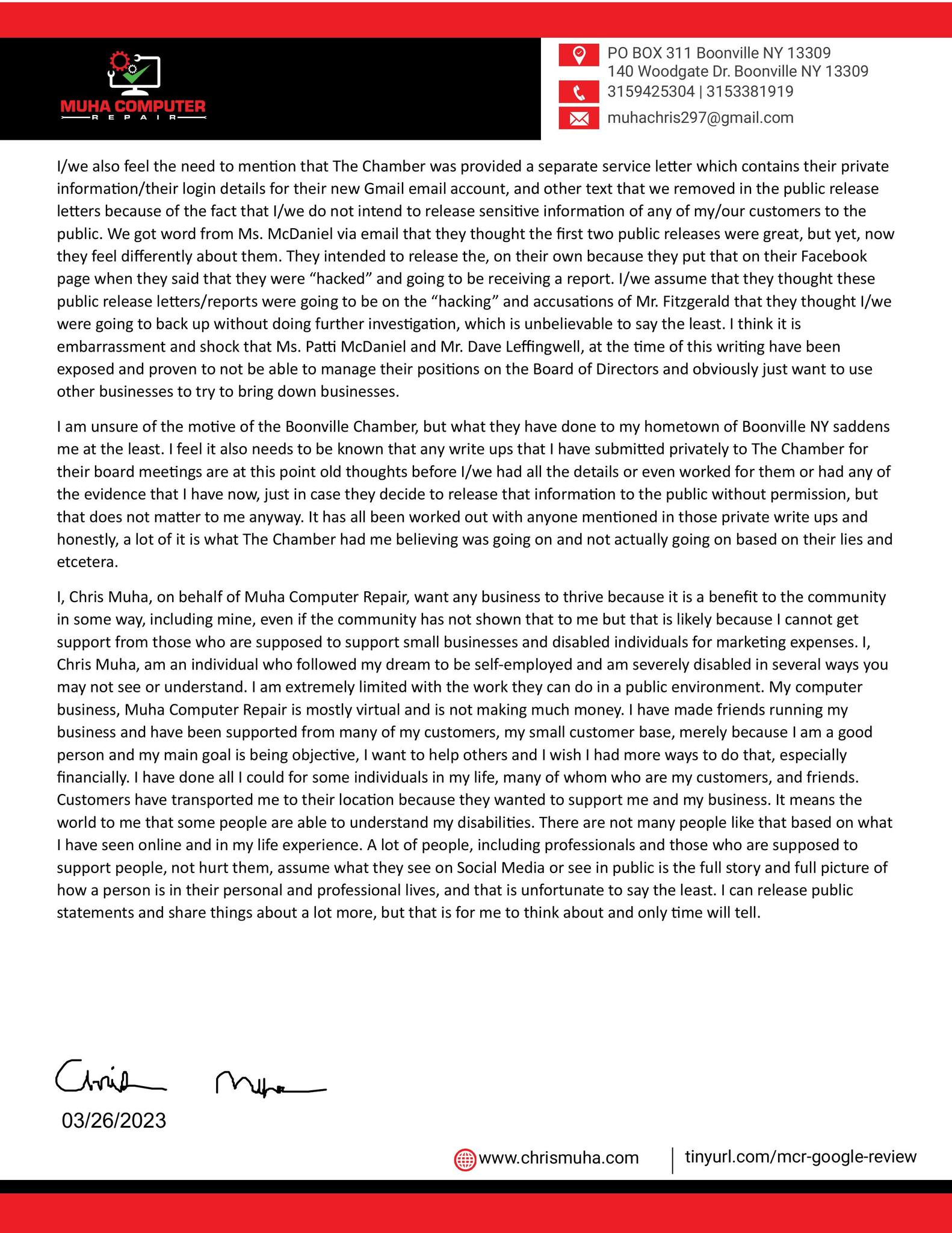 Chris Muha Chamber Letter Seven