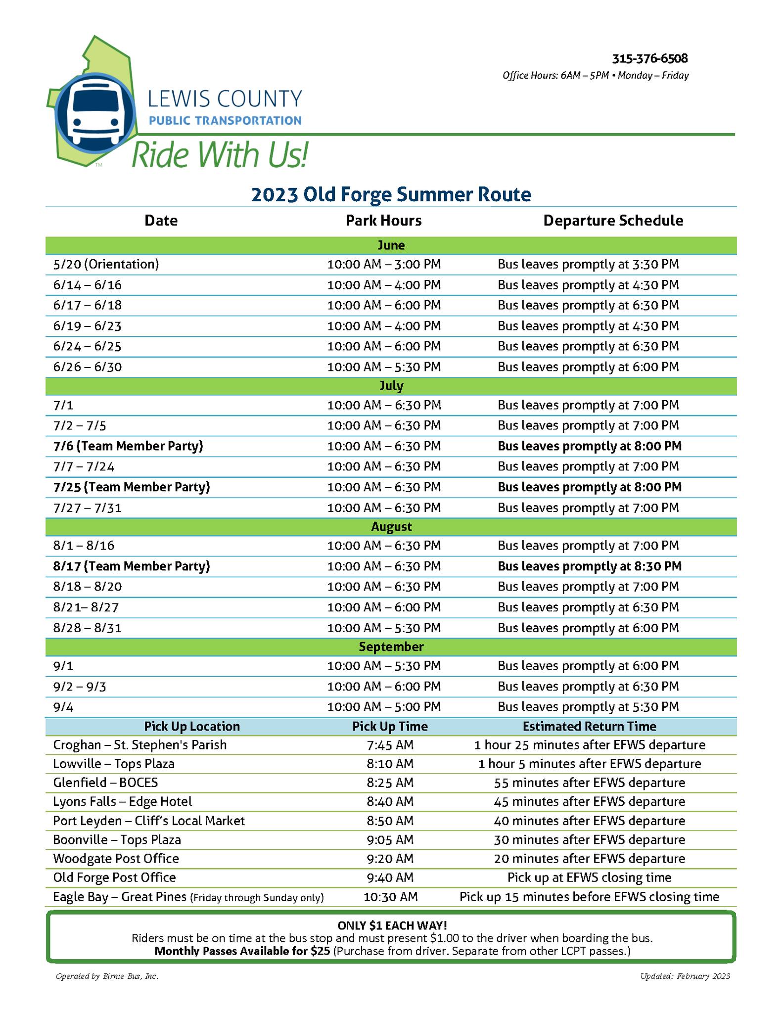 Lewis County Public Transportation Old Forge Route 2023