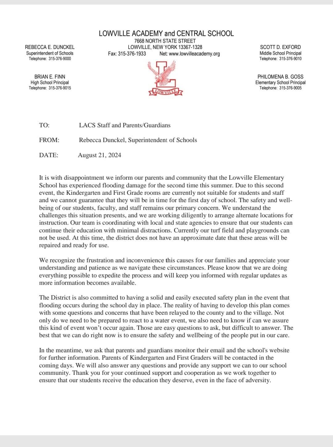 Lowville Academy flood letter August 2024