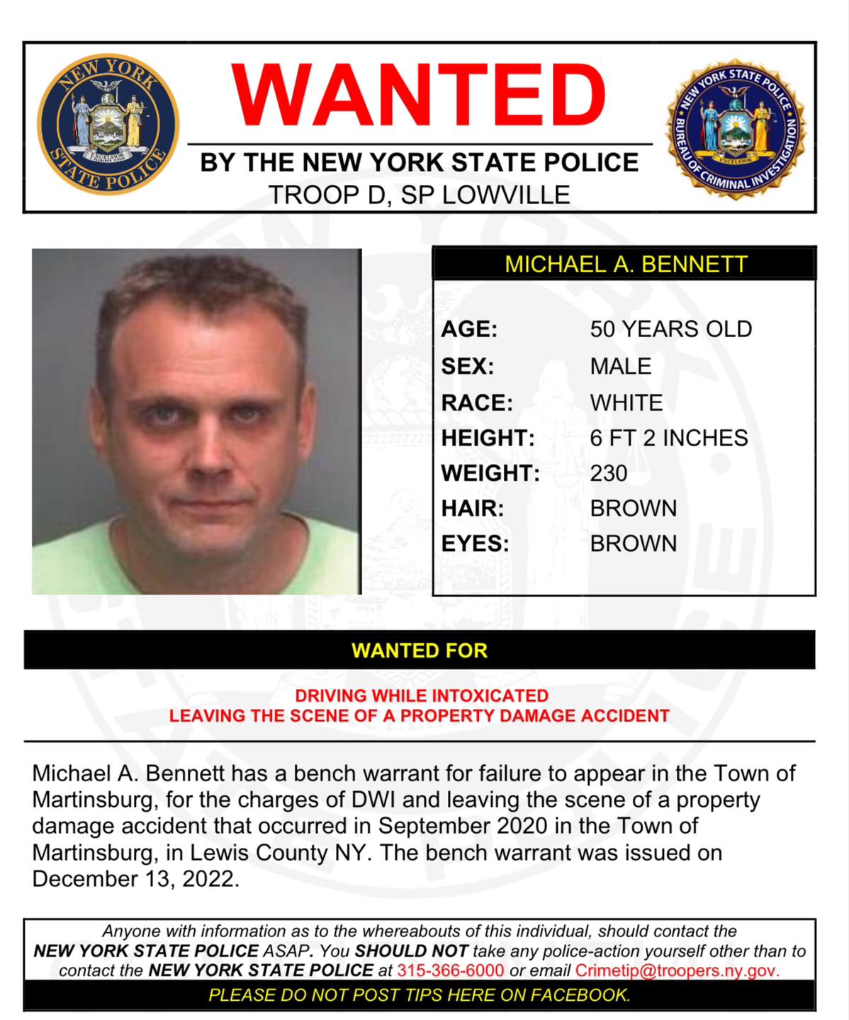 NYSP Michael A. Bennett Wanted February 2025